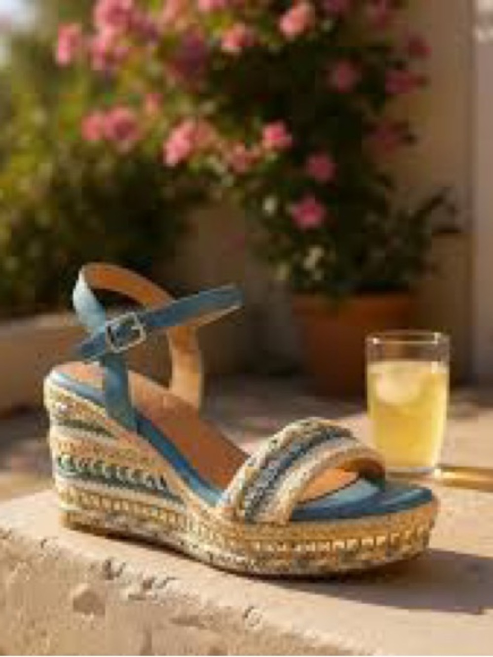 Patrizia by Spring Step Embellished Espadrille Wedge Sandal Blue Cream Size 41